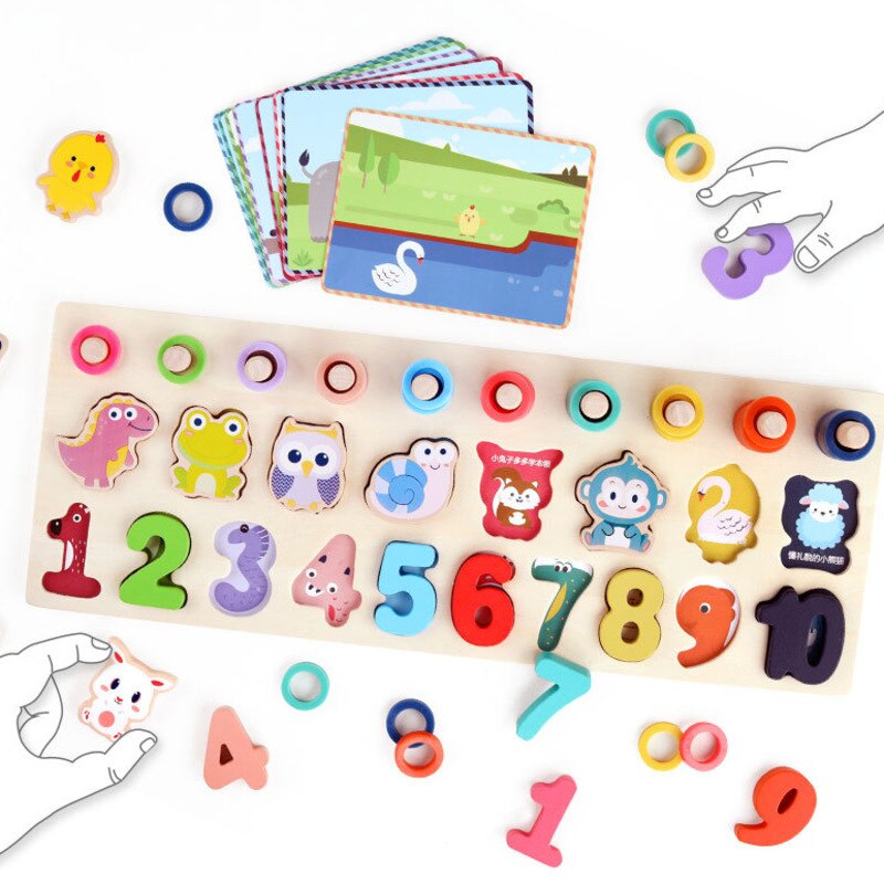 Children Educational Wooden Puzzle Four In One Card Animal Logarithm Board Number Addition And Subtraction Puzzle Intelligence