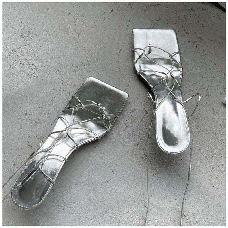 SUOJIALUN Women Sandals Thin Low Heel Lace Up Rome Sandal Summer Gladiator Casual Sandal Narrow Band Shoes Big Size 40: Silver / 35