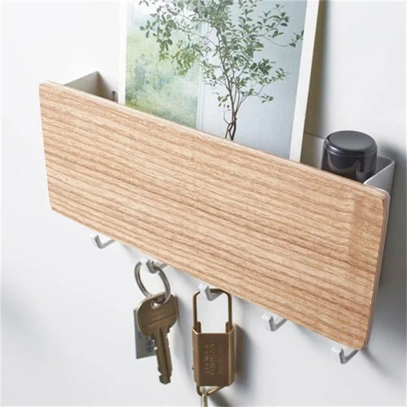 Vägghängande nyckelhängare bambu bräda hållare väggorganisatör rektangel nyckelhållare krokar klädkrokar heminredning klädhängare
