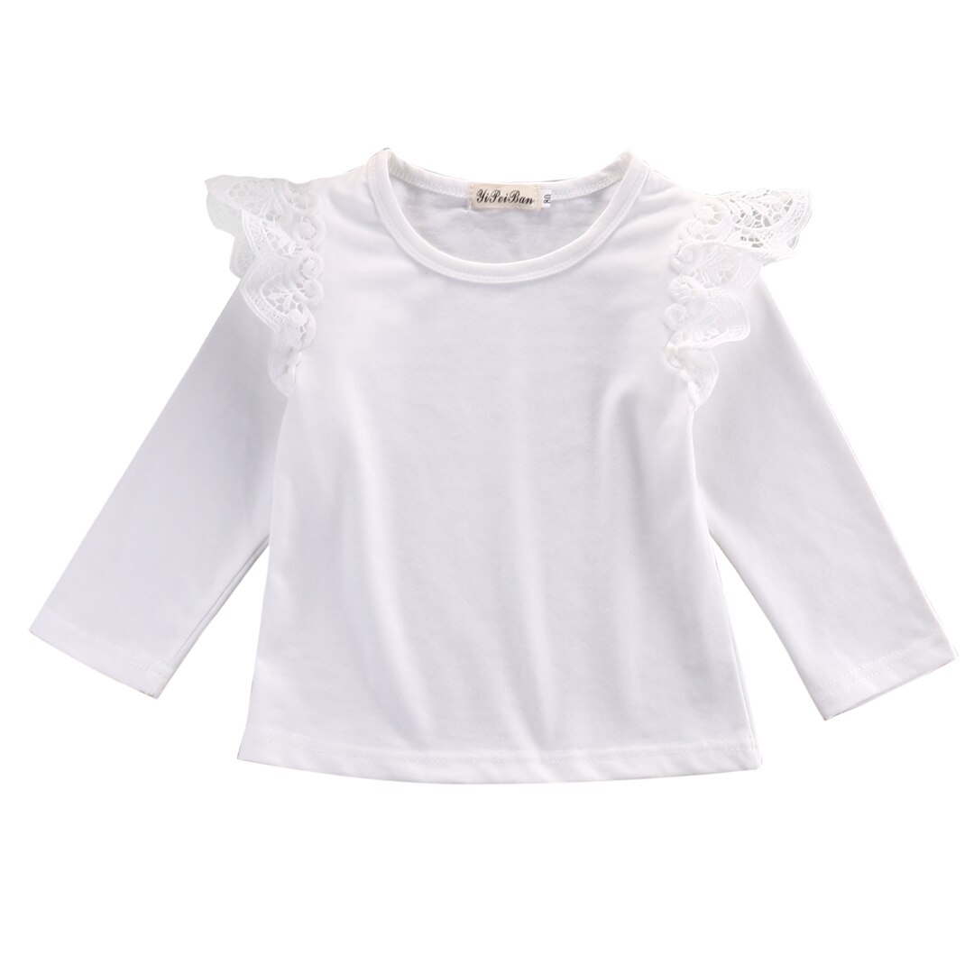 Herfst Pasgeboren Baby Meisjes Peuter Kinderkleding Katoen Kant Vliegende Lange Mouw T-shirts Tops Outfit Blouse: 13-18 months / WHITE