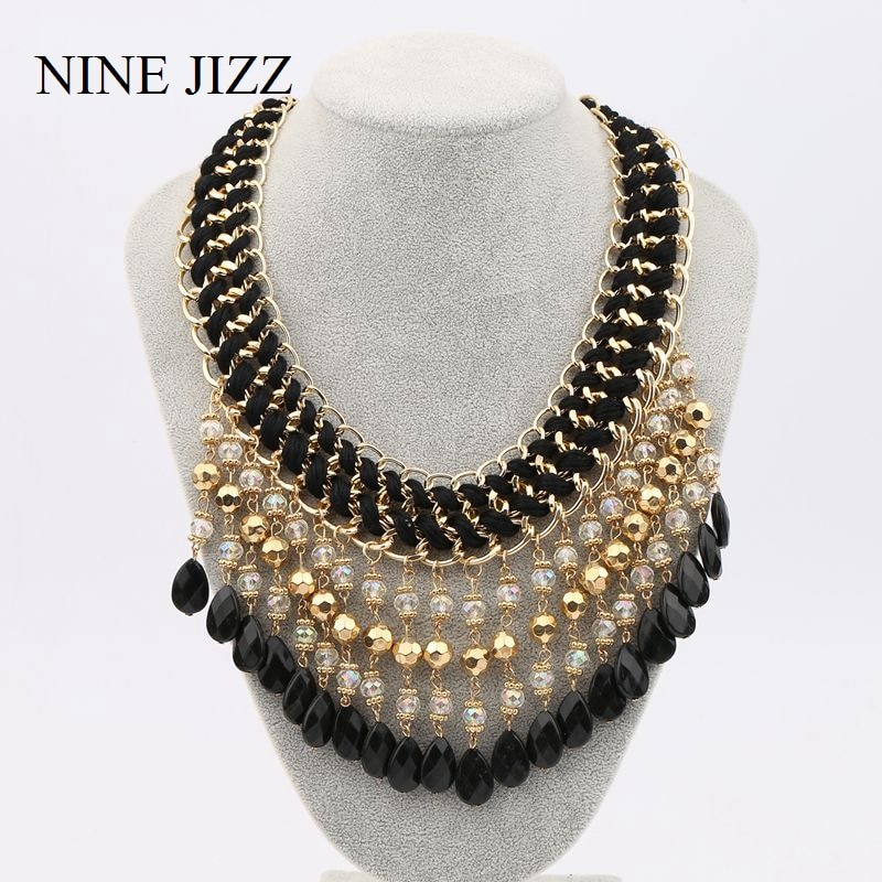 NINEJIZZ Tassel Crystal Necklaces Vintage Bohemian Big Statement Beads Necklaces Chain For Women Simple Style Wedding Jewelry