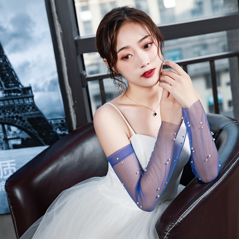 Women Elbow Long Fingerless Wedding Gloves For Bride Pearls Beaded Evening Party Accessories