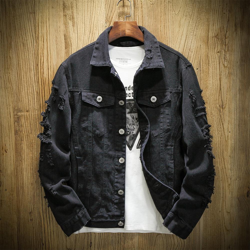 Lente Herfst Mannen Jean Jacket Slim Fit Katoenen Denim Jacket Rood Wit Zwart Ripped Gat Jean Jassen Mannen uitloper Plus Size: Black / M