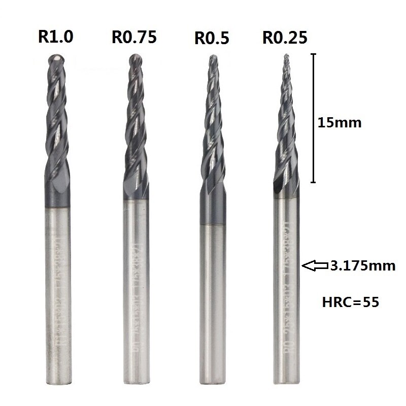 XCAN Tapered Ball Nose End Mill 4pcs R0.25 R0.5 R0.75 R1.0 Carbide End Mill Set CNC Engraving Bit: Default Title