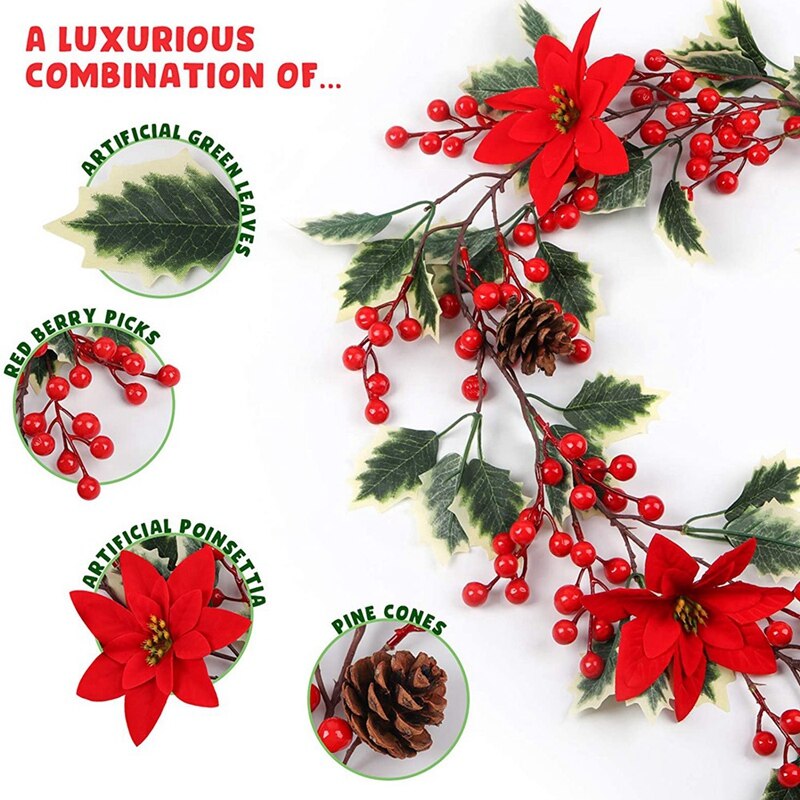 6.3FT Red Berry Christmas Garland, Artificial Poinsettia Garland,Christmas Berry Garland with Pine Cones