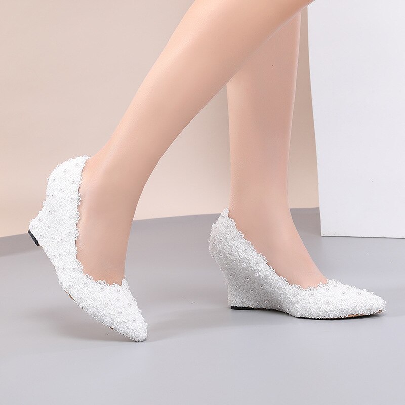 Dress Women Pumps Wedges High Heels Party Shoes Women Nightclub Lace Slip On 8CM Pointed Toe Office &amp; Career Wedding Flower