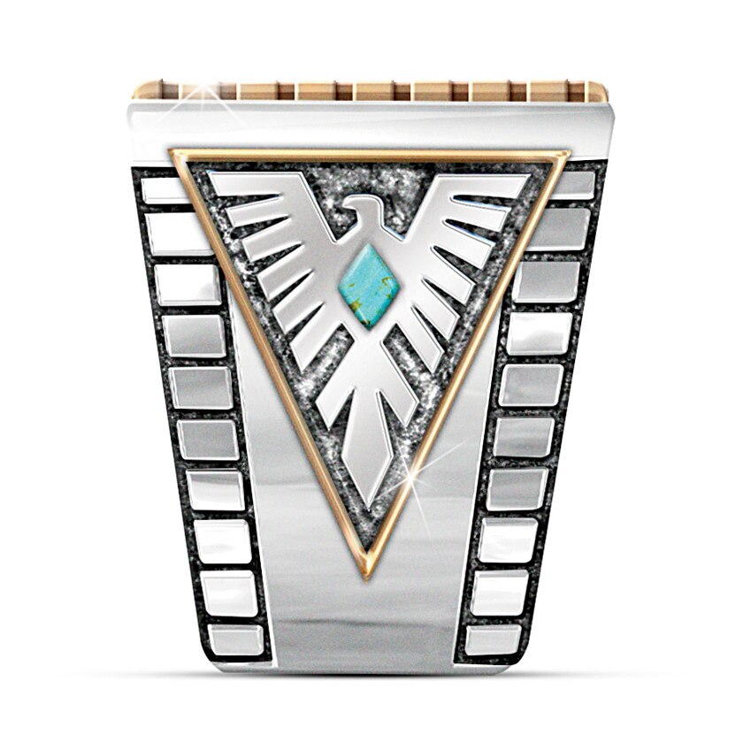 North American Indian Beast Western Honor Thunderbird Feather Turquoise Two-Tone Ring 925 Silver Men&#39;s Ring