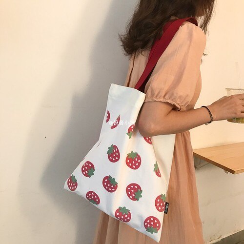 Einkaufstaschen Frauen Erdbeere Gedruckt Kawaii Nette eins Leinwand Tasche Große Kapazität Frauen eins Handtasche Schüler Tote Tasche Ulzzang Neue: 4