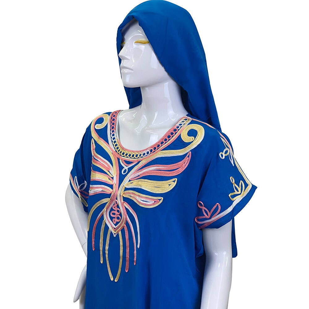 Abaya musulmana de algodón para mujer, caftán Dashik de Oriente Medio, ropa de África, India, Arabia Saudita, Pakistán, turbante bordado Djellaba R08: Azul