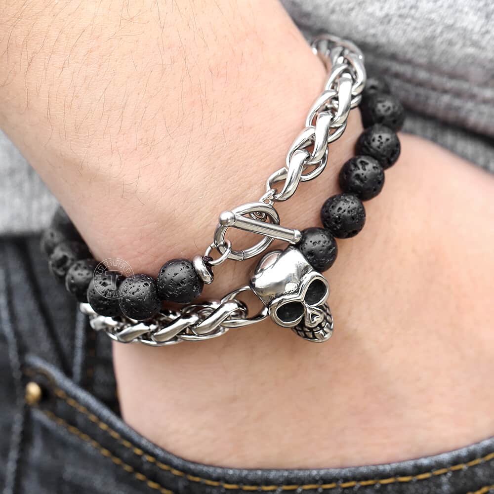 Black Lava Beaded Bracelet for Men Stainless Steel Double Layered Wheat Link Skull Charm Bracelets Male Halloween Jewelry LDB183