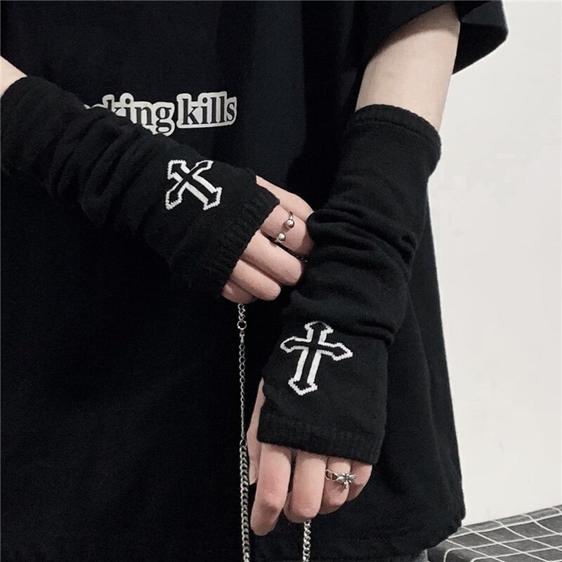 Streetwear Aesthetic Cross Printed Arm Warmers Grunge Emo Alt Mall Goth Women Oversleeve Harjuku Half Finger Glove Sleeve Unisex