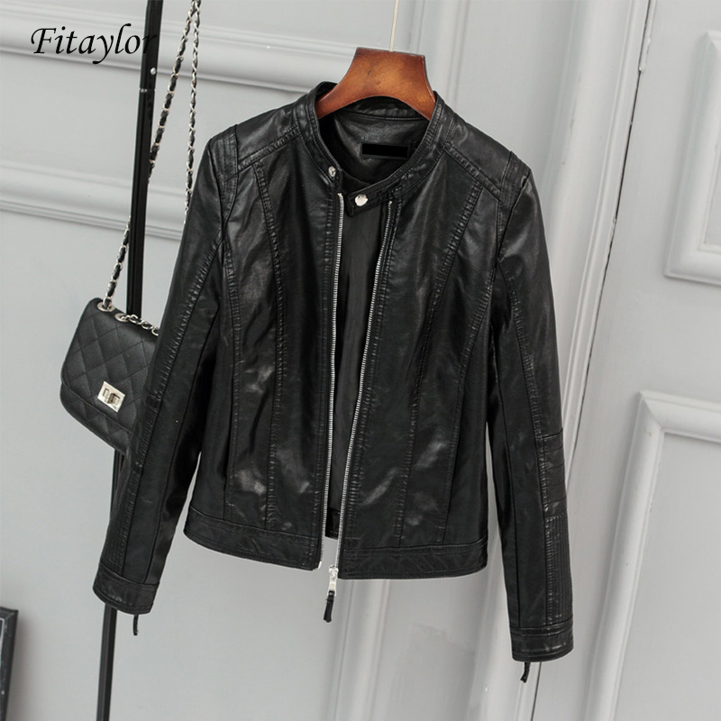 Fitaylor Women Faux Leather Jacket Biker Coat Spring Autumn Black Zippers Outwear O Neck Slim Motorcycle Pu Leather Jackets