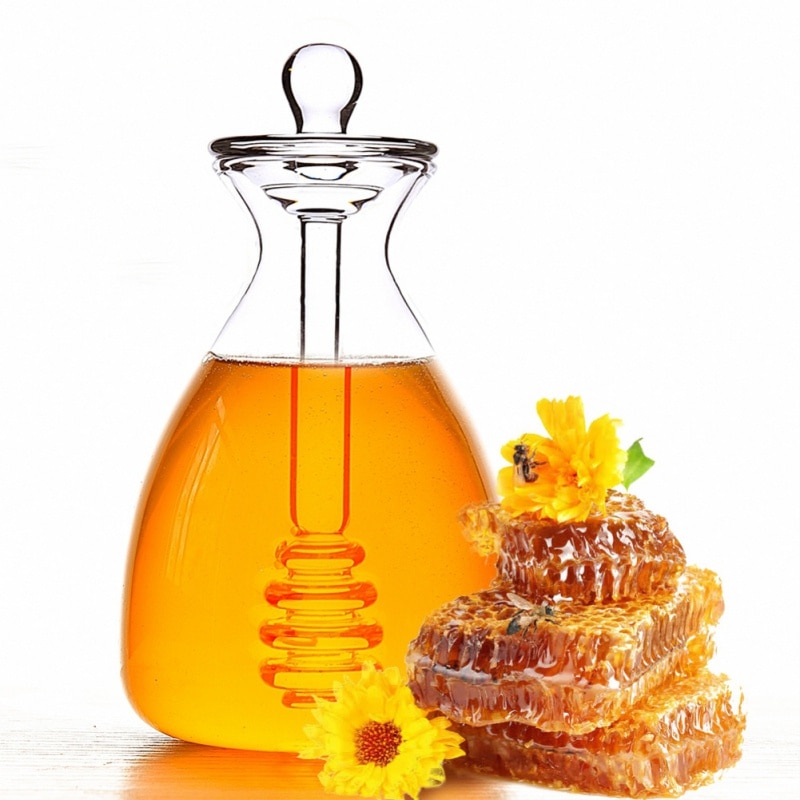 Jarra de miel hecha a mano Dipper 1/4 Uds frascos de vidrio para miel con caja 11oz/14oz honeypot con barra agitadora utensilios de cocina
