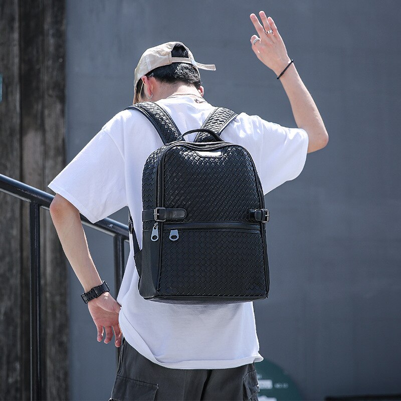 Black Weave Pu Leider Rugzak Voor Mannen Boekentas School Laptop Computer Anti Diefstal Tas Werk Zakelijke Mode