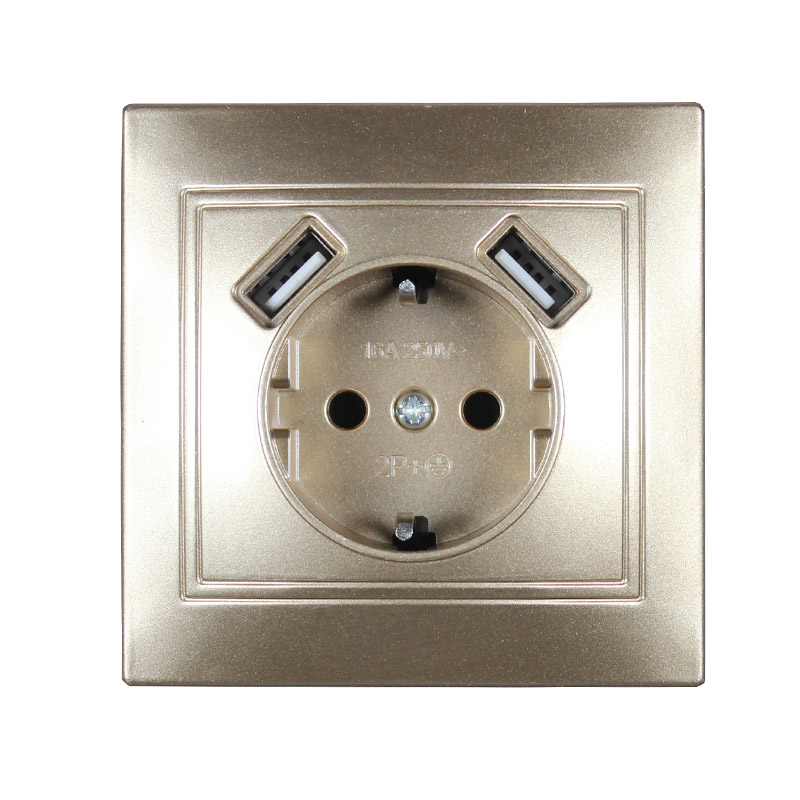 enchufe de pared USB para teléfono, , doble puerto USB 5V 2A, Usb, electrique prise, usb murale, color dorado, L1-01J