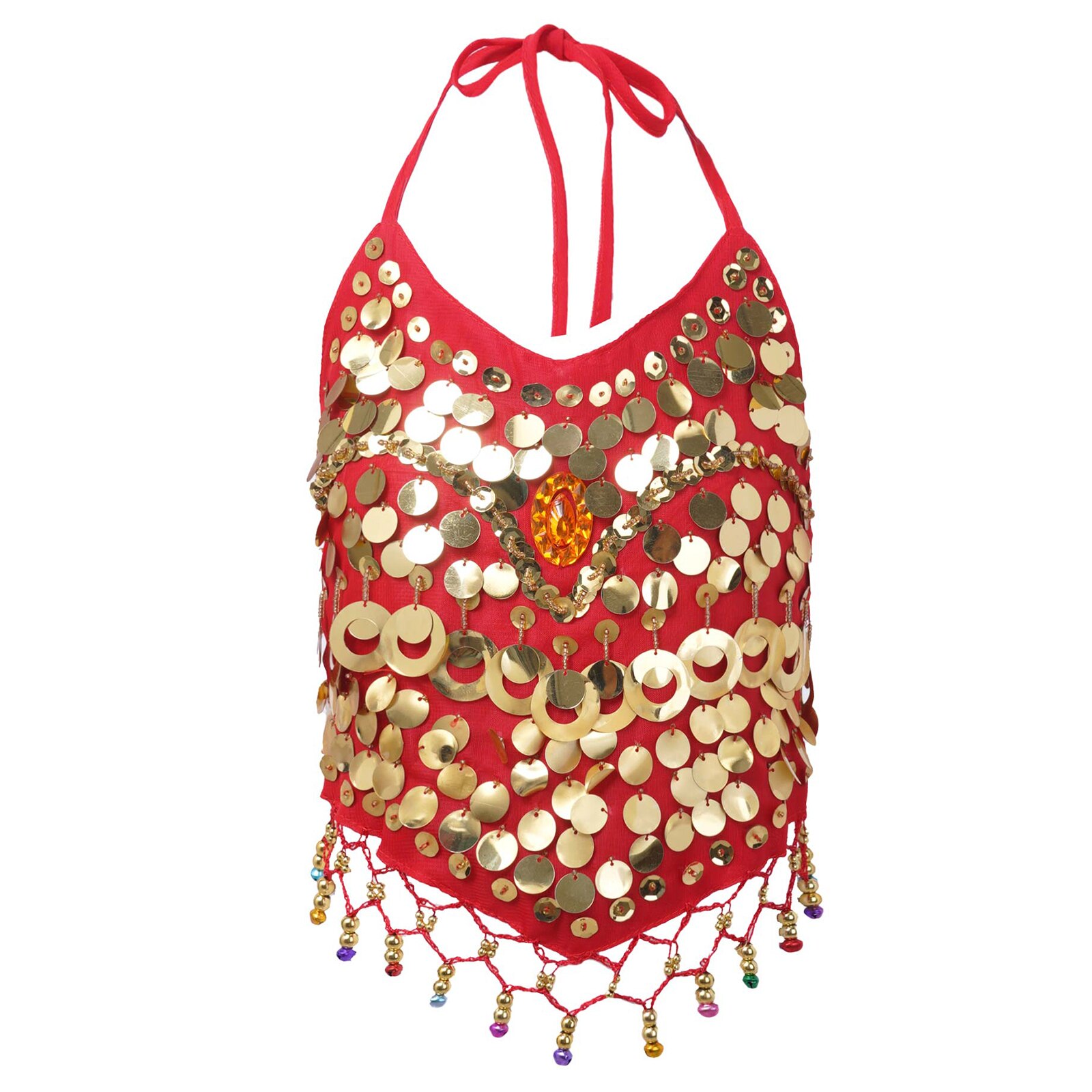 Abbigliamento per danza del ventre per bambini Kid Girls senza maniche allacciato Halter Backless paillettes campane nappa Decor Crop Top per danza del ventre: Red