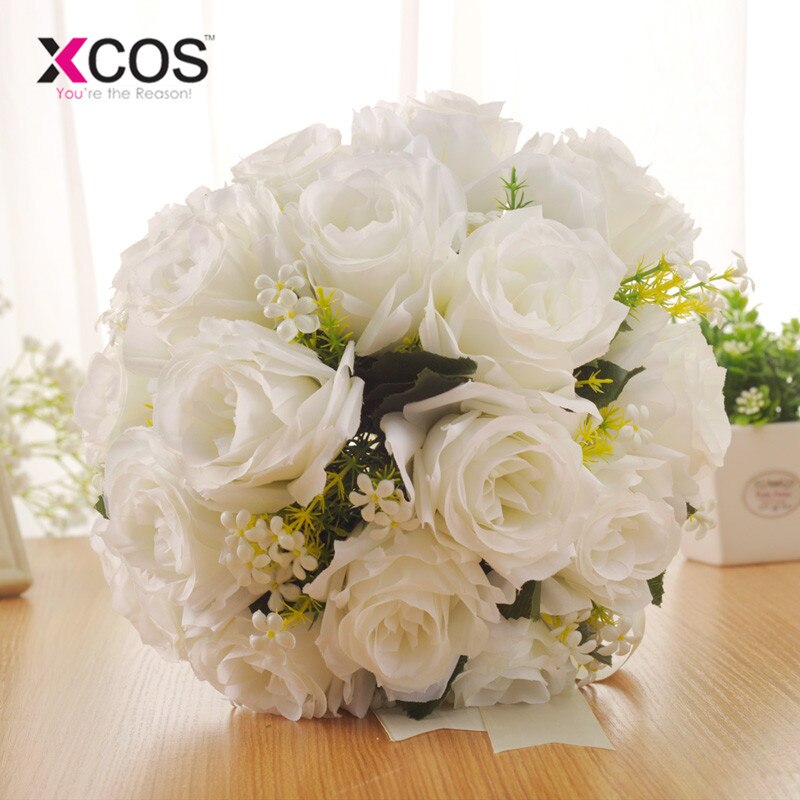 XCOS Kunstmatige Witte Bloem Boeket Bruidsboeket de mariage Handgemaakte Bladeren Parel Bloemen Bruidsmeisje Bruidsboeketten