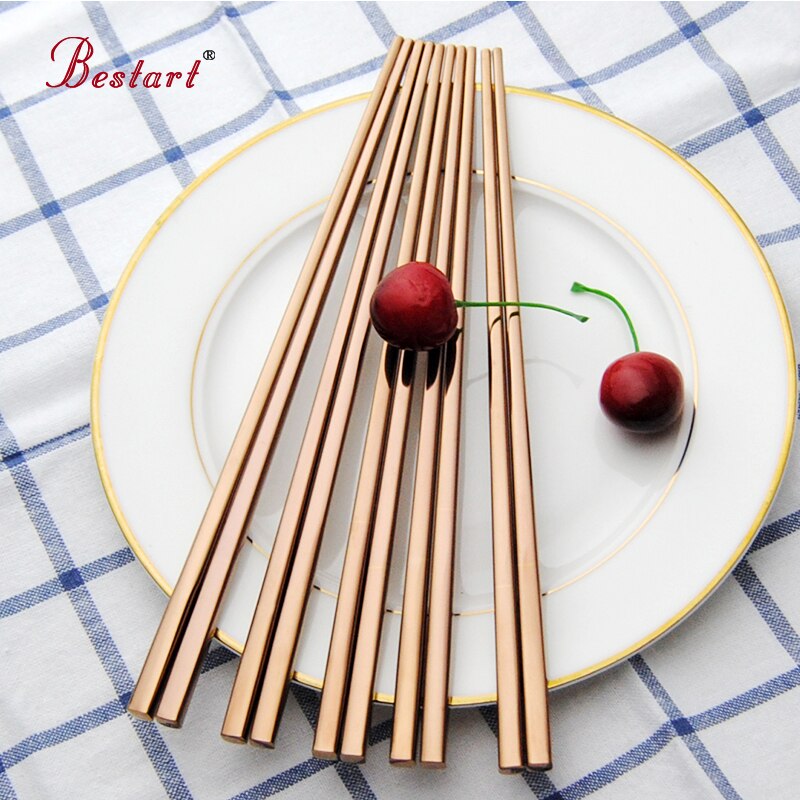 5 par återanvändbara japanska sushi ätpinnar roséguld fyrkantiga chop hashi pinnar rostfritt stål baguette chinoise ätpinnar set