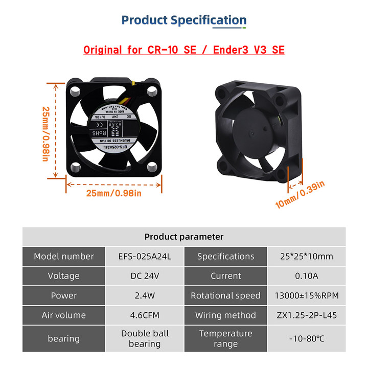 Creativity Brushless DC 24V Fan 2510 Axial Fan with Double Ball Bearing For CR-10SE/ Ender3 V3 SE/ Ender3 V3 KE 3D Pritner Parts