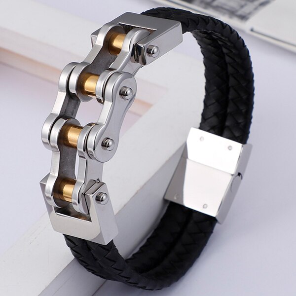Hip-Hop Biker Sieraden Gevlochten Lederen & Goud Kleur Roestvrij Stalen Armband Mannen Motorfiets Chain Heren Armbanden: Silver Color