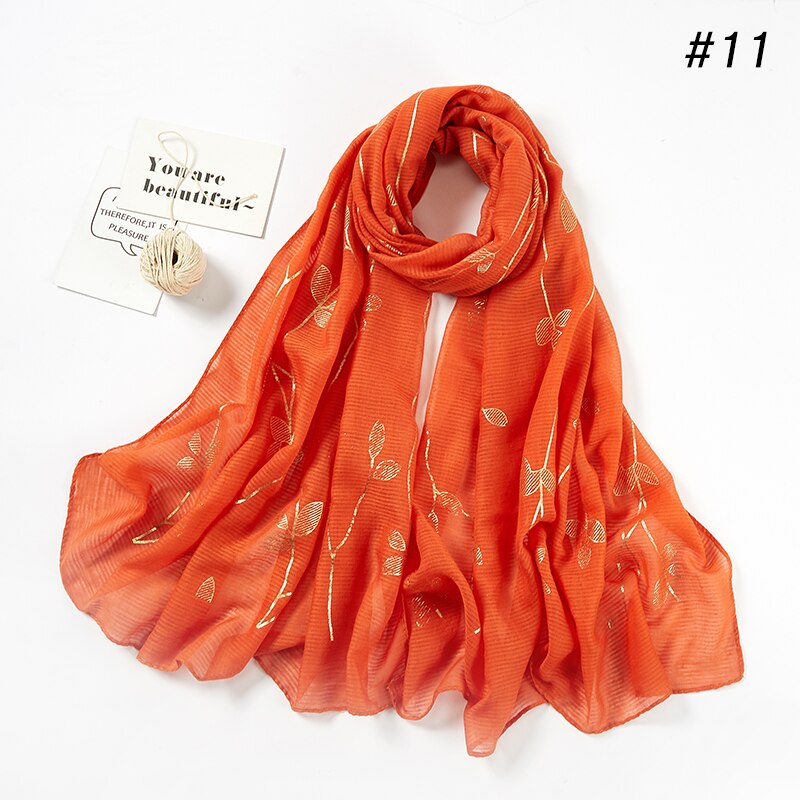 Heißer stanzen Gold Blatt aufbringen Hijab Schal Beliebte funkeln Blumen- Muslimischen Stirnband Kopf Wickeln Frauen Islamischen Schleier Turban Lange Schal: 11 Orange rot