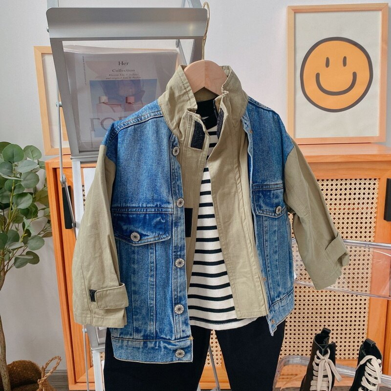 2021 vendita calda autunno bambini ragazzi ragazze cappotto patchwork maniche lunghe falso due giacche bambini Denim capispalla stile Casual E425