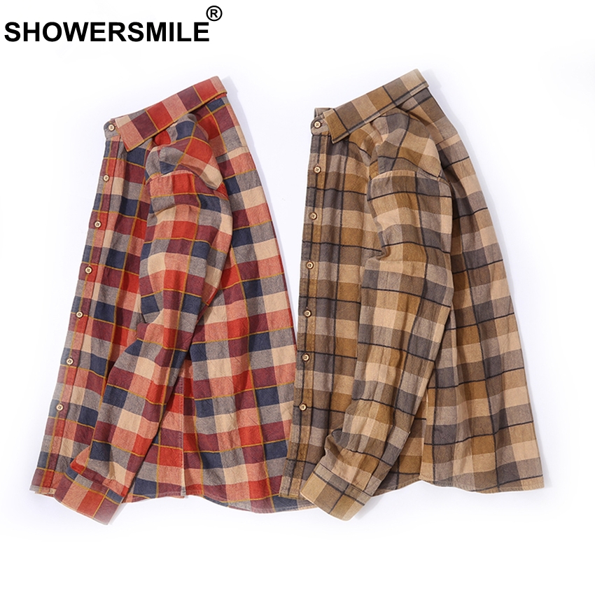 Showersmile brune rutete skjorter menn flanell casual langermet skjorte herre bomull slim fit rutete klær i britisk stil