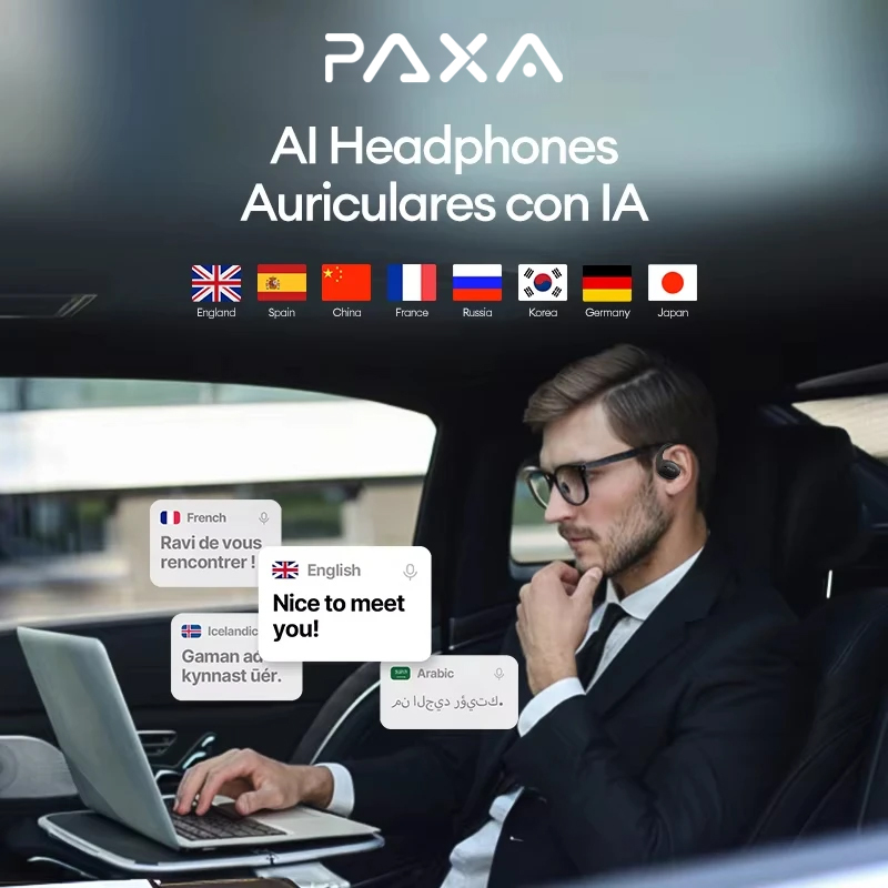 PAXA Upgraded AI Real-time Translation 3in1 Wireless Bluetooth 5.4 Earphones Translate 144 languages ENC Denoise Headphones
