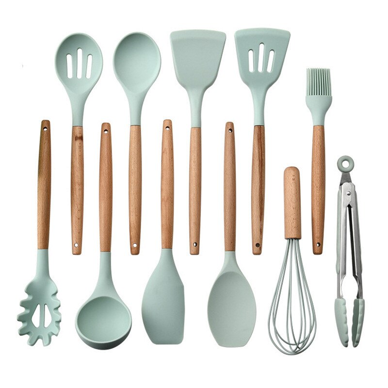 9/11/12 st silikonset matlagningsredskap set non-stick spatel spade trähandtag matlagningsredskap set med köksredskap förvaringslåda: Ljusgrön -11 st