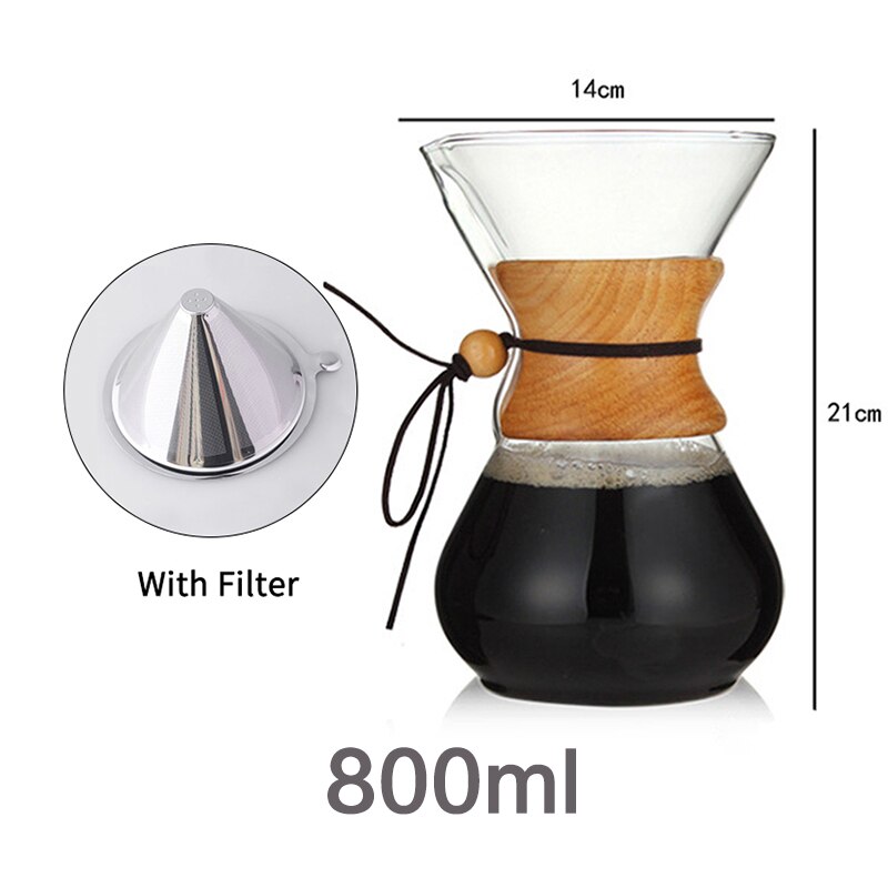 400ml 600ml 800ml Espresso Coffe Machine tea water Pot set Stainless Steel Filter Pot Resistant Glass Maker Coffee Pot: 800ml with filter
