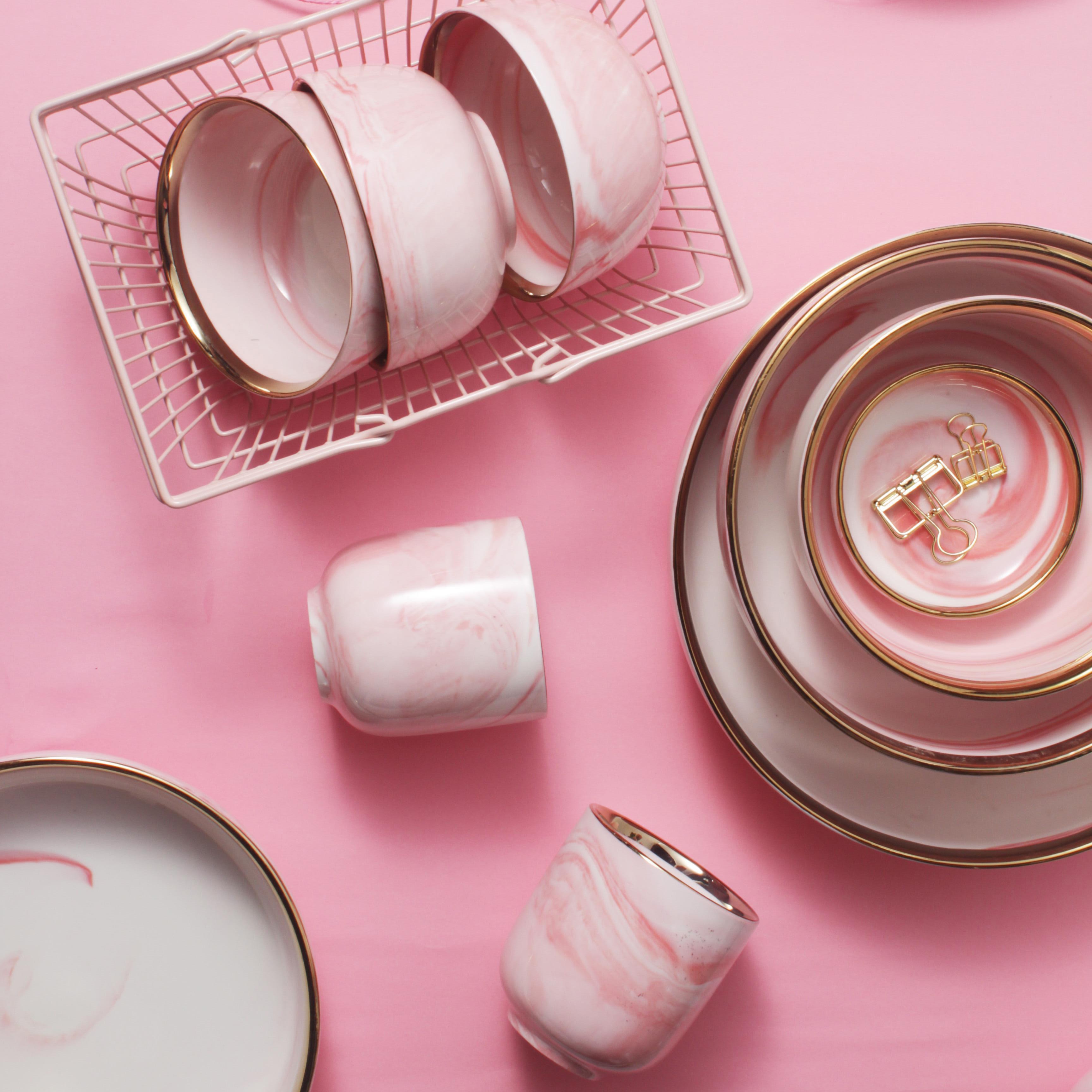 Vaaleanpunainen marmori keramiikka 1 kpl illallinen lautanen riisisalaatti nuudelit kulho keittolautaset astiasto setit kodin astiasto keittiön keittotyökalu