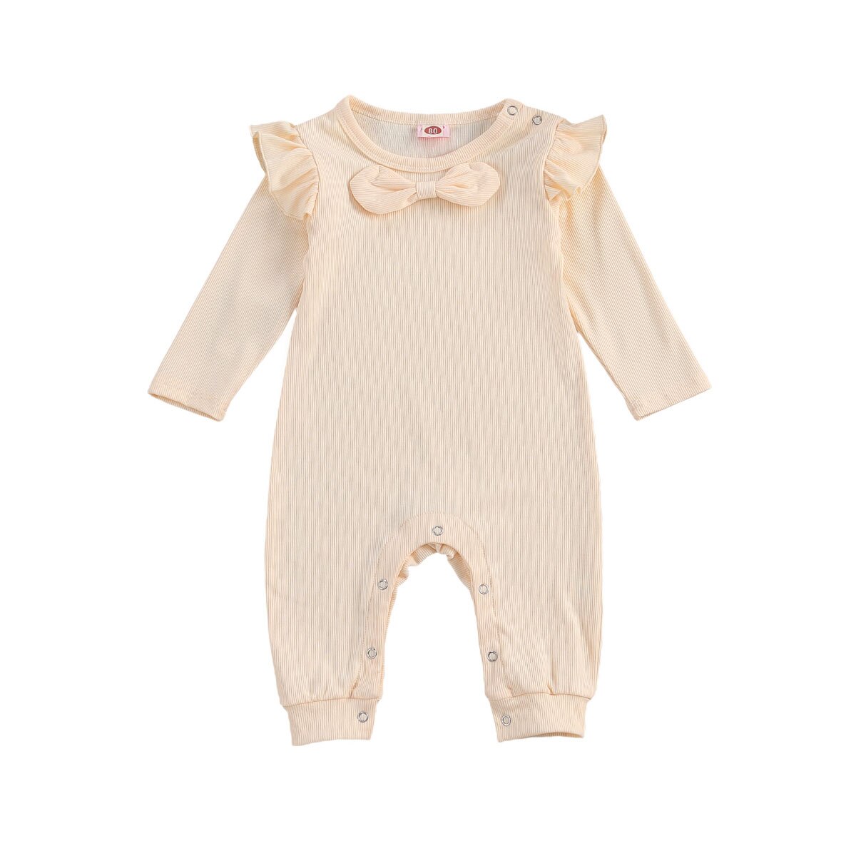 Baby Baby Meisjes Effen Kleur Geribbelde Jumpsuit Peuter Jongen Meisje Lange Flying Mouwen Boog Geribbelde Romper Strikje Knop Broek: Beige / 12m