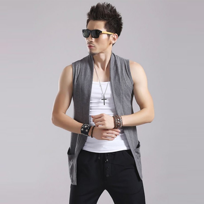 estilo japonés para hombre Casual verano sin mangas chalecos de longitud media ningún botón abierto Stitch ropa de calle chaleco masculino de talla grande: grey / L