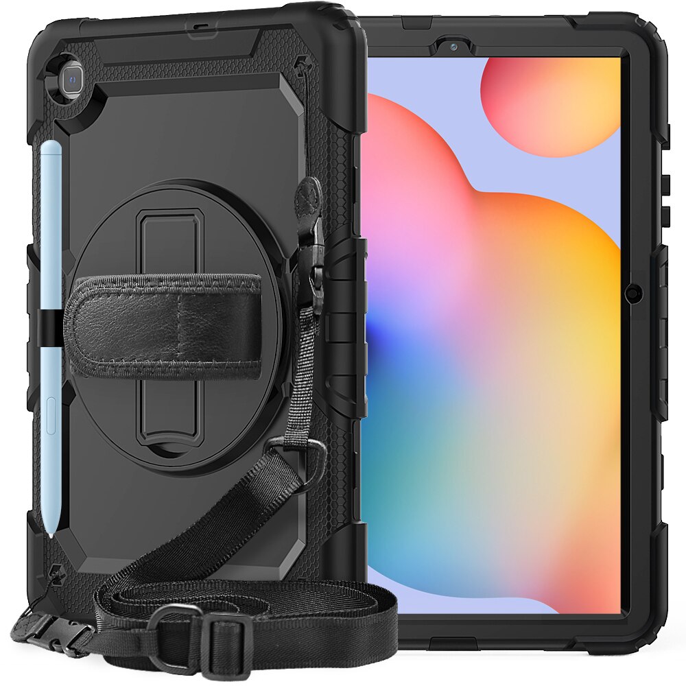 Funda de silicona con soporte y correa de mano para Samsung Galaxy Tab S6 Lite, funda protectora con rotación de 360 grados, 10,4, , P610, P615: Negro