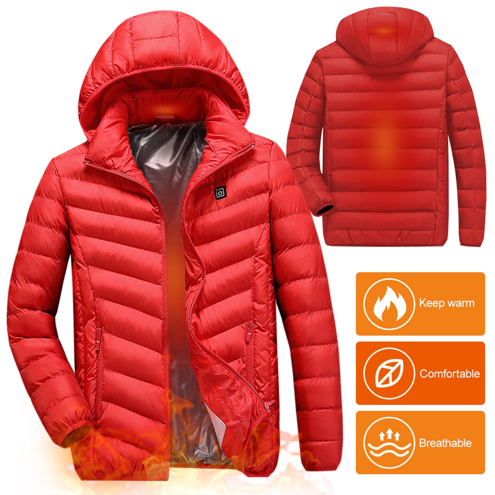 Electric Heating Coat Men Women USB Charging Heated Jacket with Removable Hood for Walking Camping Ice Snowboard coat Plus Size: XXXL / Red