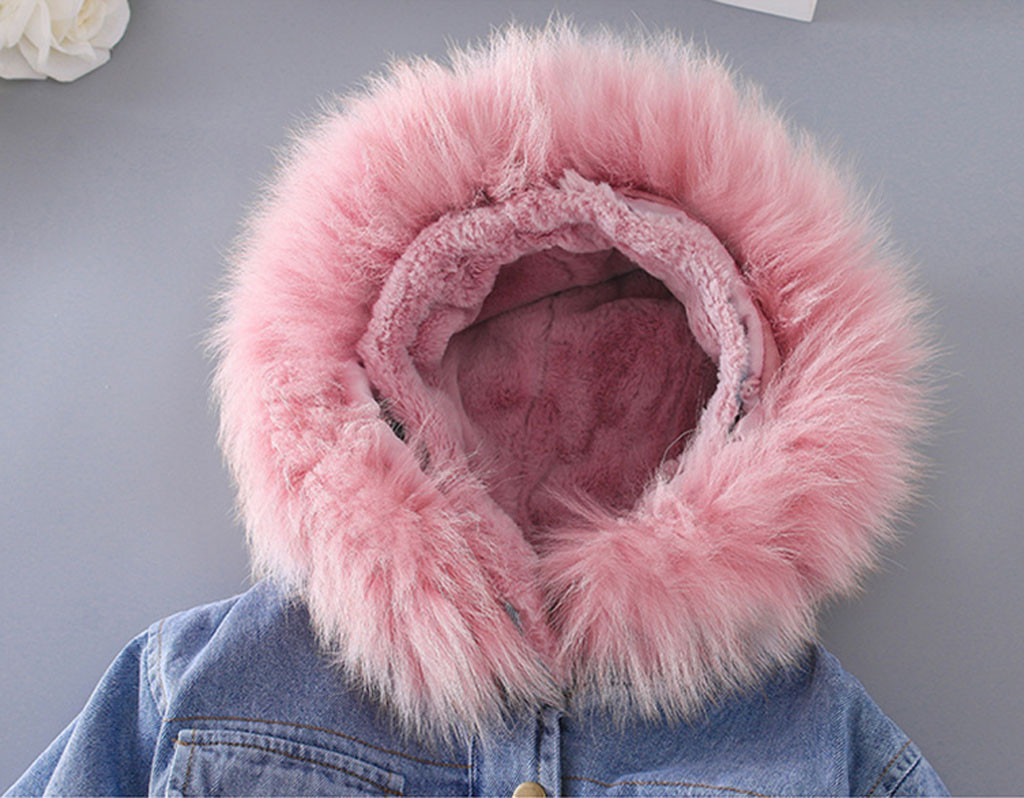 Jaquetas infantis para meninas, jaquetas com capuz de pelo falso, casaco de lã quente para crianças, bebês, meninas, com capuz, denim grosso # c
