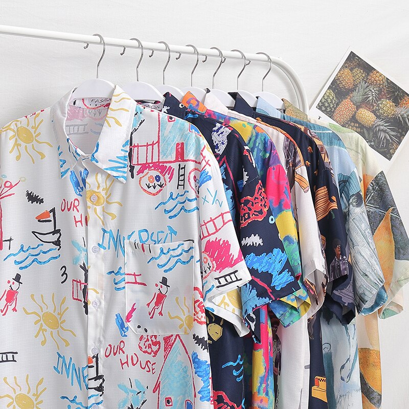 Chemise d'été élément chinois imprimé de plage homme, Graffiti, chemise hawaïenne pour homme et femme, chemise noire et blanche, décontracté