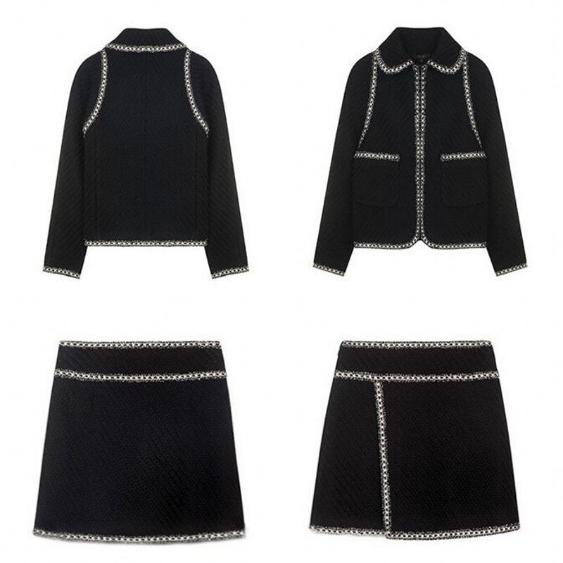 Top Brand Winter Office Ladies Slim Cotton Blends Two Piece Tweed Outfits Long Sleeve Hidden Breasted Short Coats A-Line Skirts