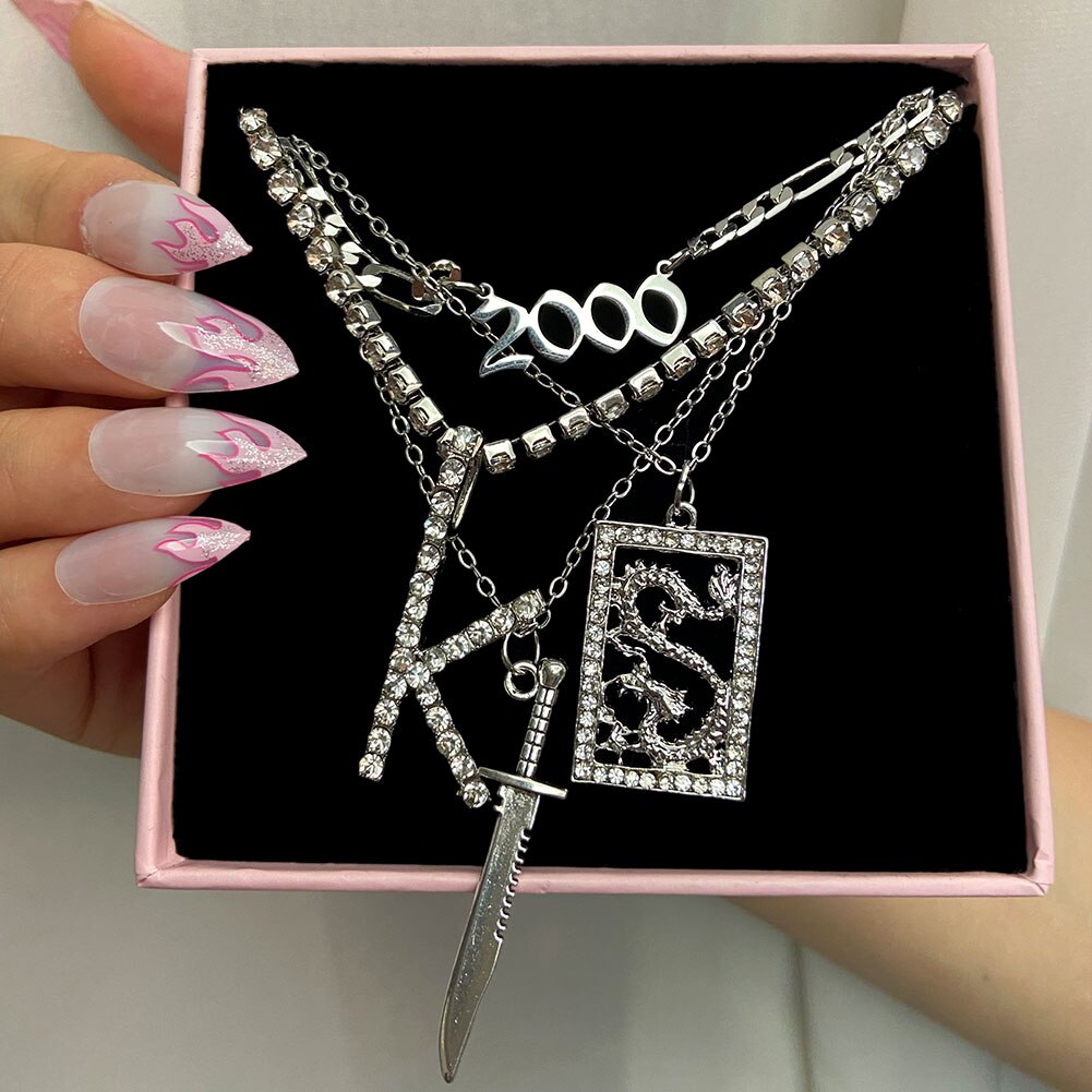 Collares de cristal multicapa con de mariposa y dragón para mujer, cadena de clavícula con letras de Ángel dorado Punk, joyería para de hip hop, novedad