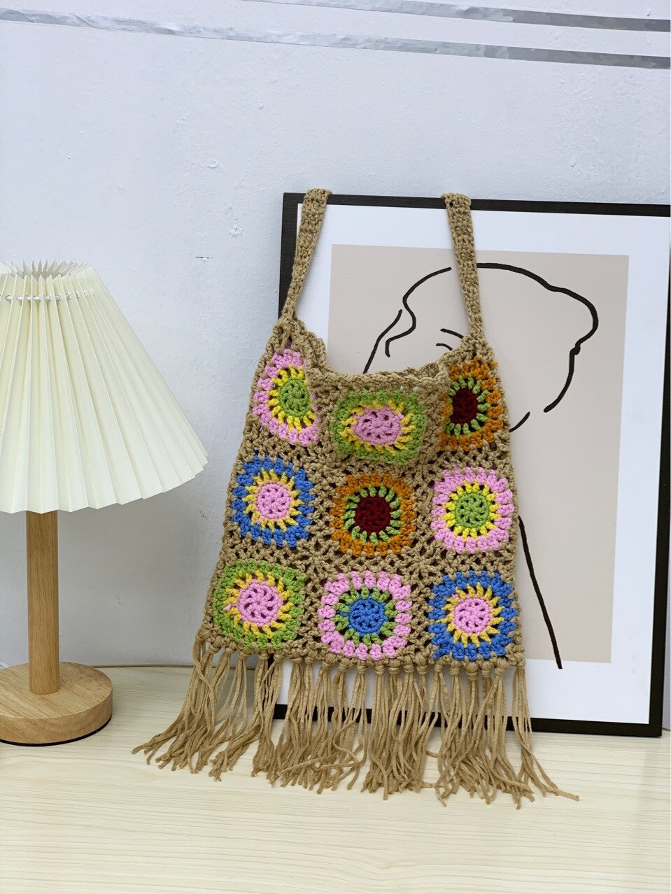 Zomer Kwastje Bloemenprint Gehaakte Shopper Tas Breien Hollow Out Schouder Strandtas Casual Luiheid-Stijl Handtas Voor Vrouwen