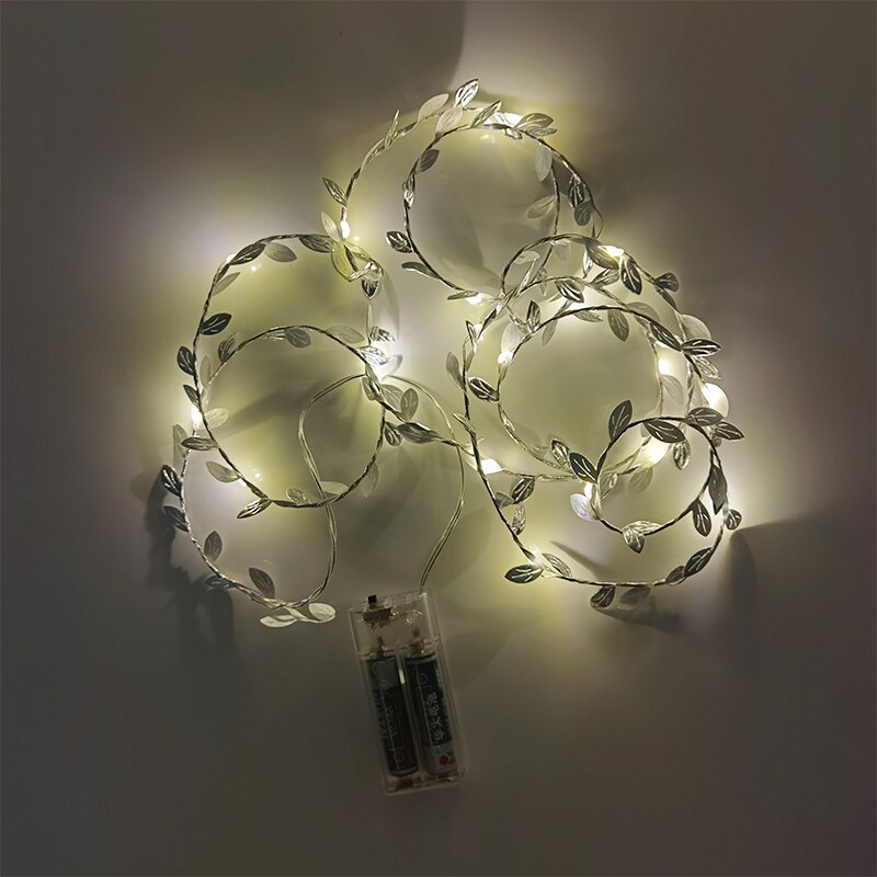 Guirnalda de hojas blancas cálidas para decoración del hogar, luces de hadas alimentadas por batería, con hojas de vid y hiedra, para bodas y jardín, 20 led: Plata