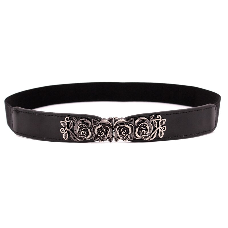Elastic Nylon Ladies Belt for Dress Rose Flower Buckle Women Waist Belt for Coat Black White Red Female Corset Belt Strap: black
