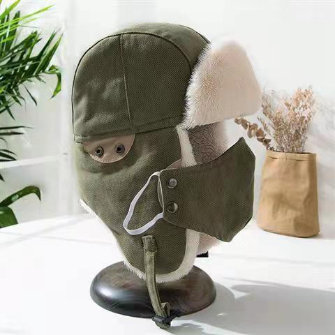 Ear Cap Mannen Bescherming Biking Skiën Koude Kleding Masker Bril Koperen Gesp Piloot Katoenen Hoed Verdikt Warm: green