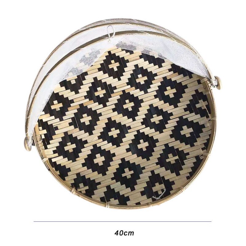 Hand-Woven Rectangular Bamboo Food Serving Tent Storage Basket Tray Mesh Storage Container With Gauze Cover Panier De Rangement: 1013A1