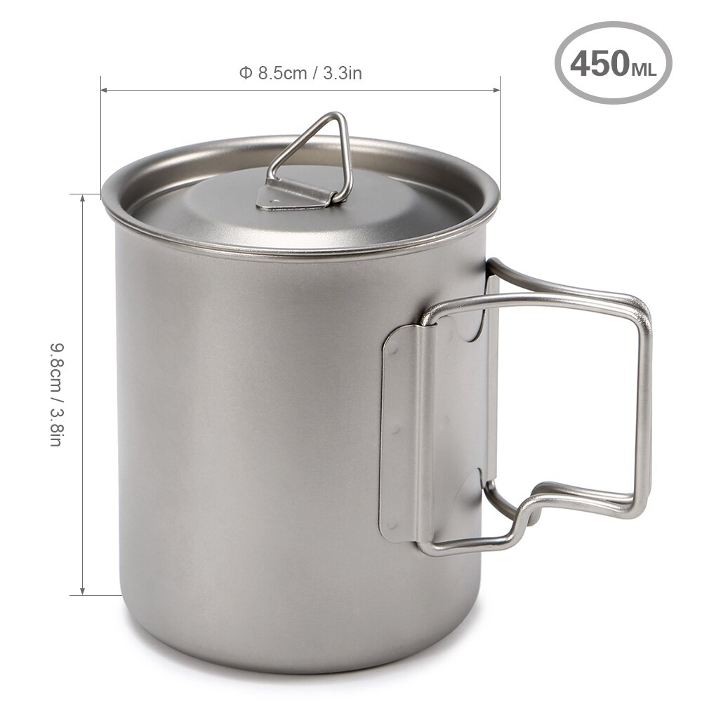 Lixada Titanium Cup Camping Verwarming Mok Servies Lichtgewicht Outdoor Survival Koken Apparatuur Wandelen Kookgerei Picknick Gebruiksvoorwerpen: 450ml