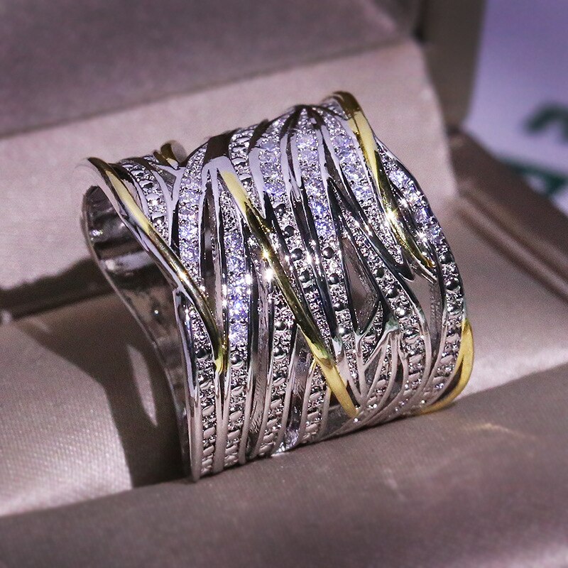 Silver Gold Big Band Wing Feather Ring for Women Wedding Engagement Jewelry with Zircon Stone 925 Silver