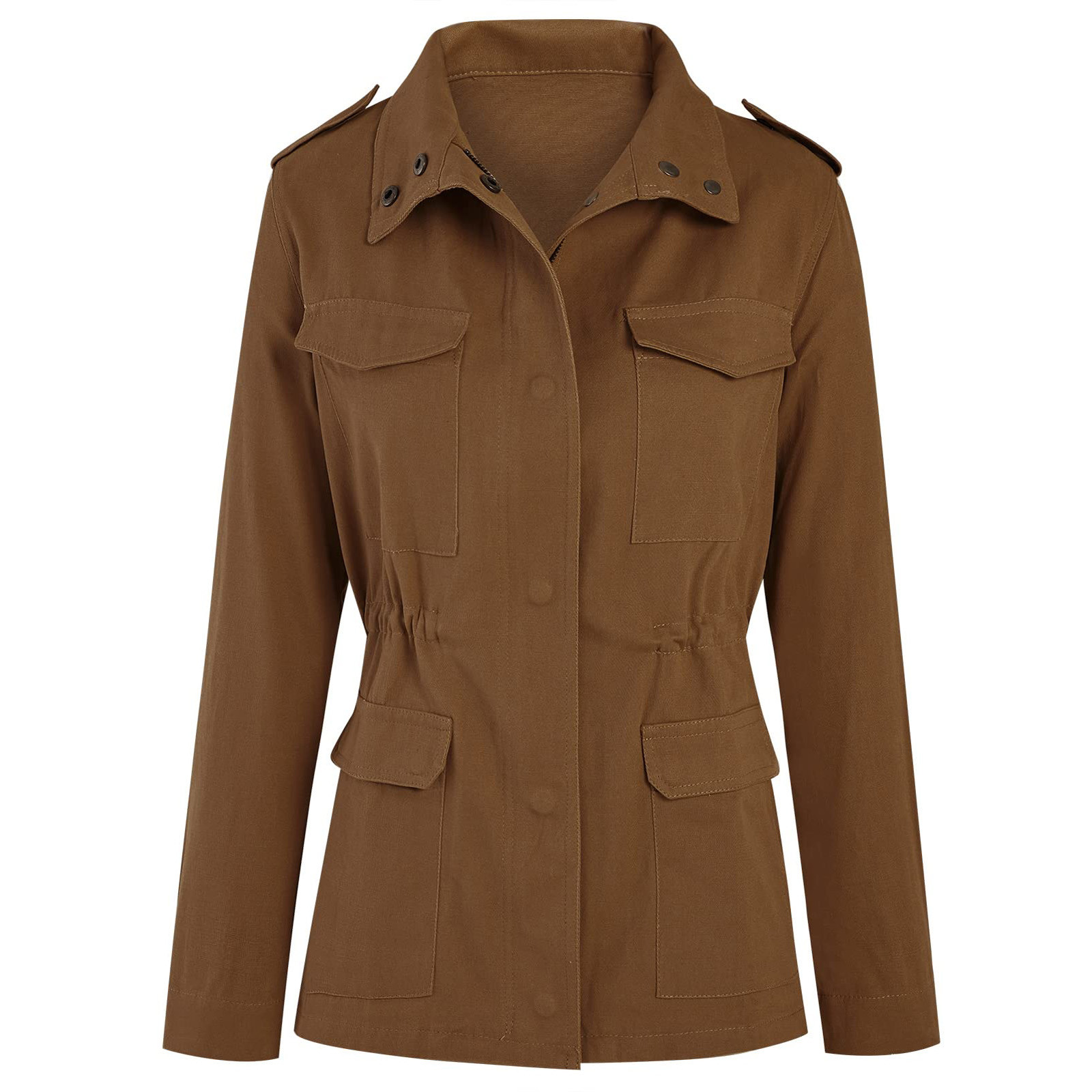 Autumn Women Waist Tunic Coats Retro Green Multi-Pocketed Jacket Turn-Down Collar Button Solid Color Outwear Coats