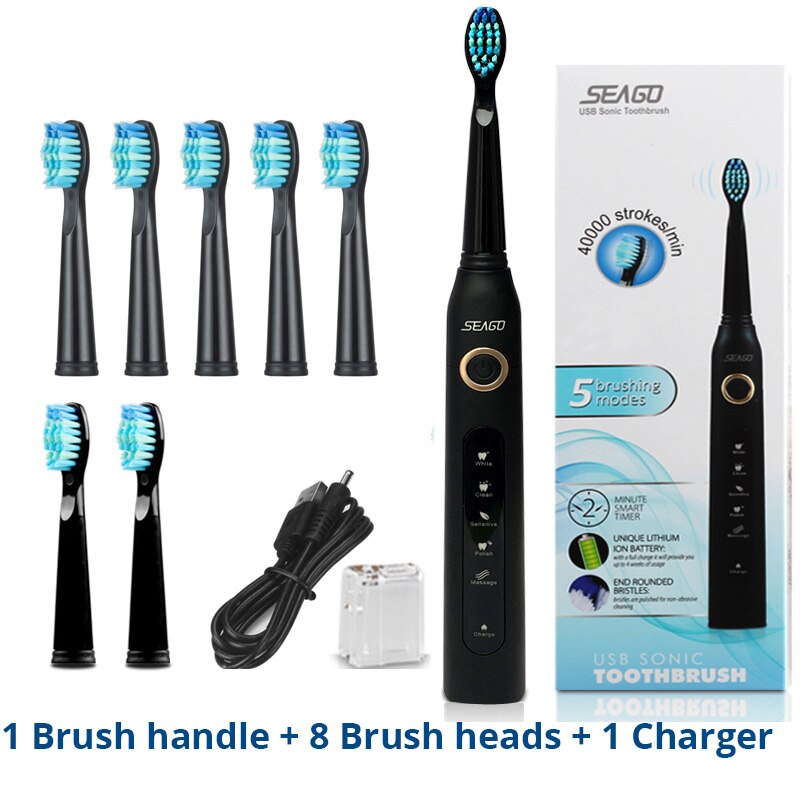 Adulto sônico escova de dentes elétrica seago SG-507 recarregável 5 modos profunda oral limpo macio dupont cerdas cabeças escova: Black5heads