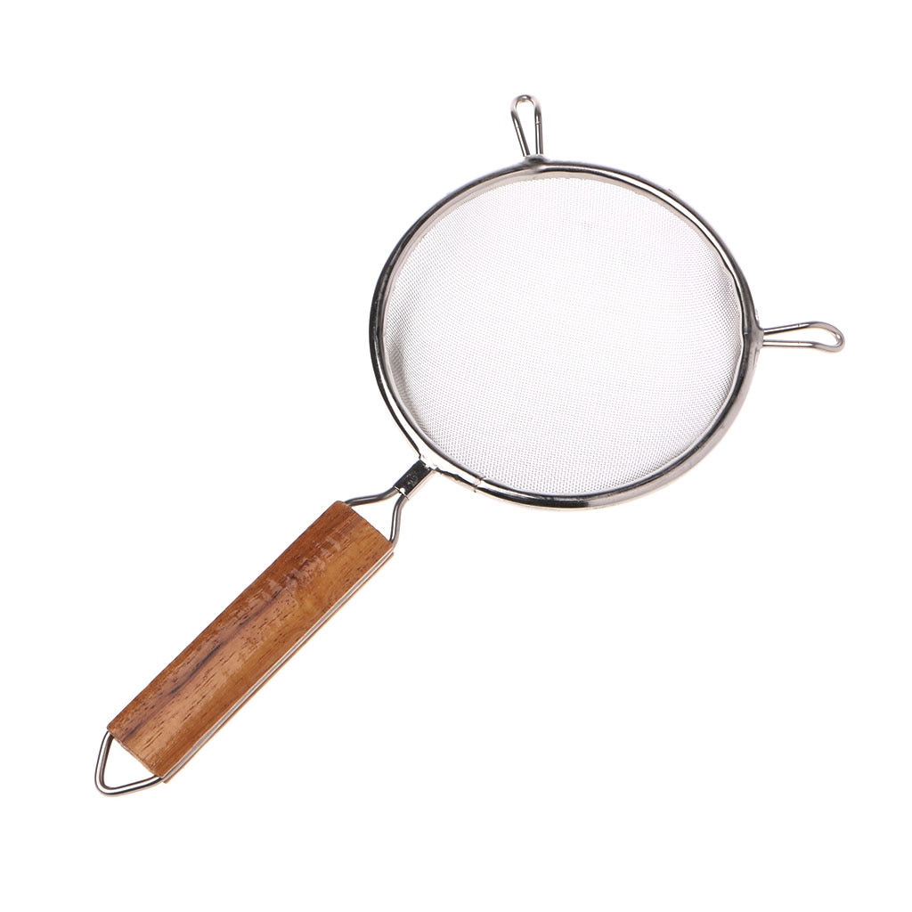 Stainless Steel Double Mesh Strainer Colander Sieve Sifter Wooden Handle 5 Size