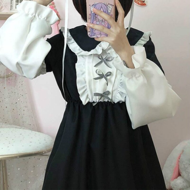 Japanese Lolita Dress Sweet Cute Kawaii Girls OP Princess Maid Vintage Ruffles Dress Women Gothic Long Sleeve Black Party Dress